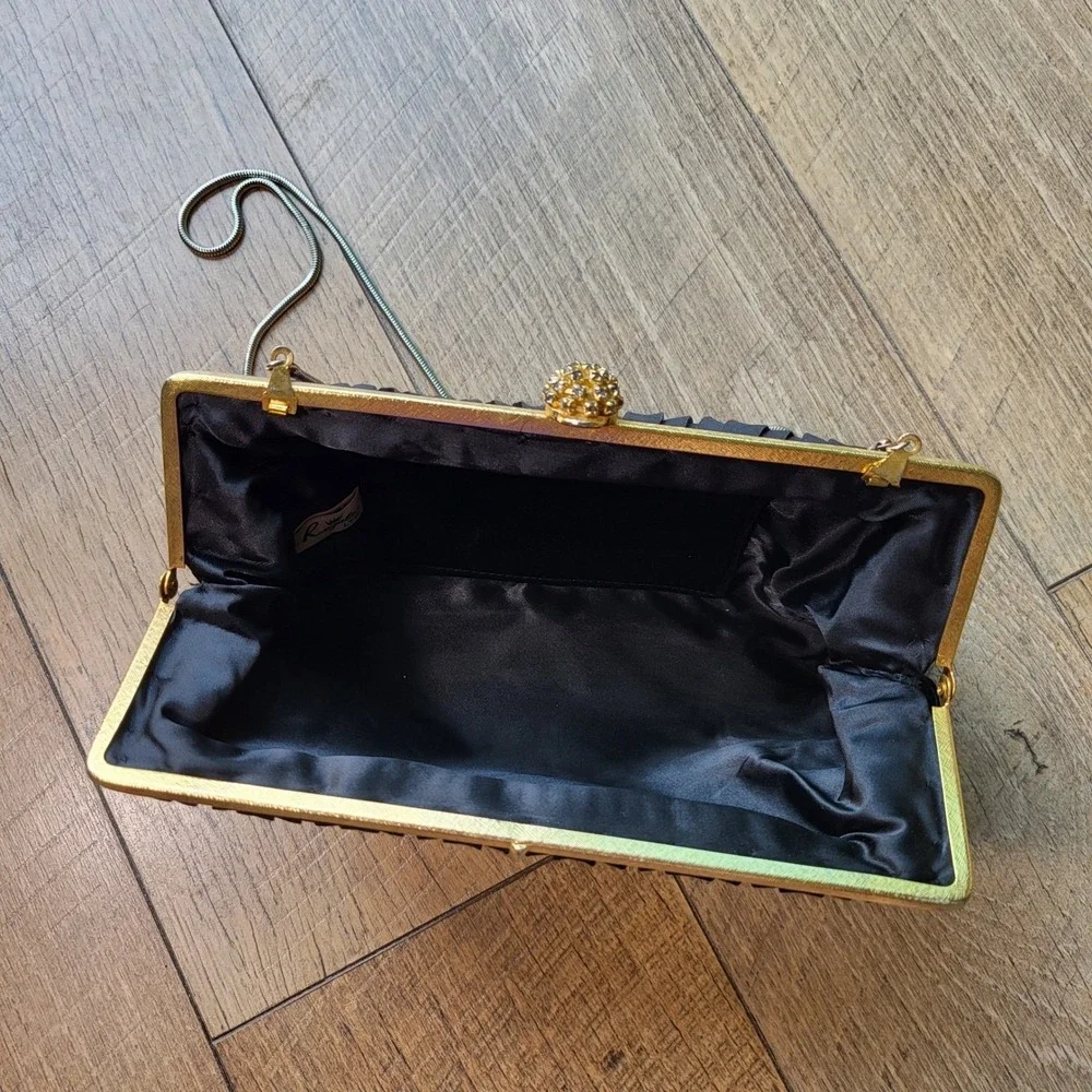 Regale Ltd Vintage Black Pleated Satin Clutch Rhinestone Clasp Gold Chain